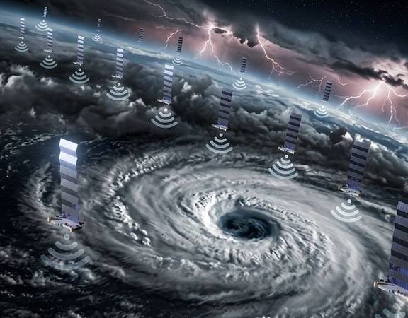 Starlink satellites orbiting above a hurricane, broadcasting signal down through the storm