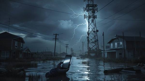 Person holding glowing phone in flooded street with dead cell tower — no signal during hurricane disaster