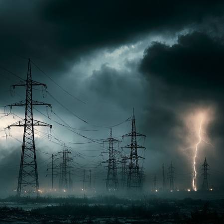 High-voltage power transmission towers during a storm — aging grid infrastructure vulnerable to failure