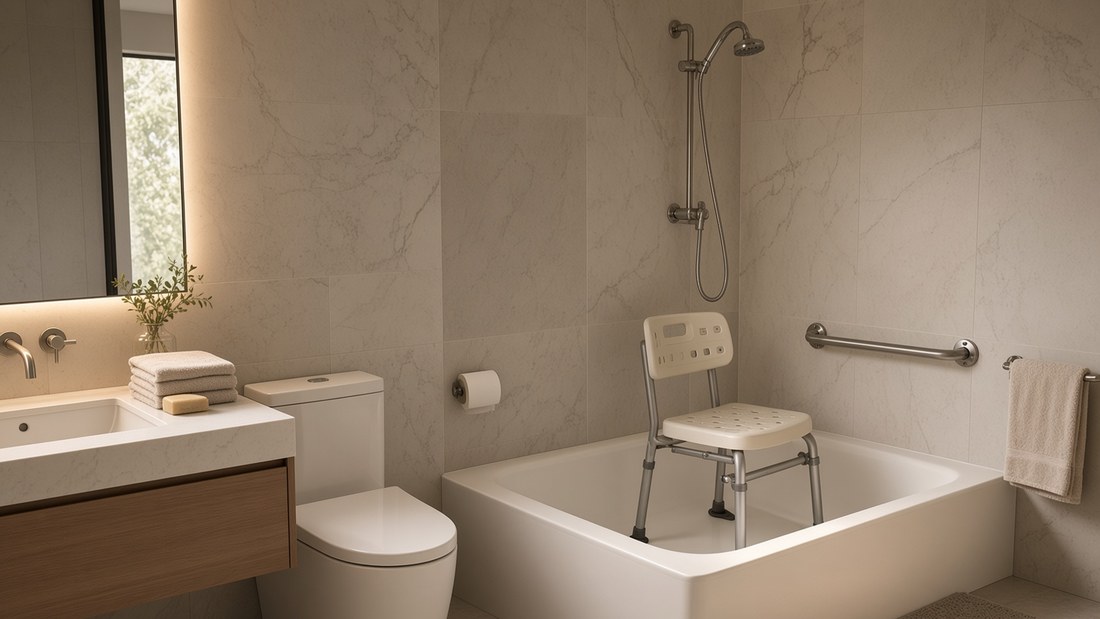 A plain white alcove bathtub with a plastic and aluminium shower chair standing in it and a stainless steel grab bar bolted to the tiled wall beside it