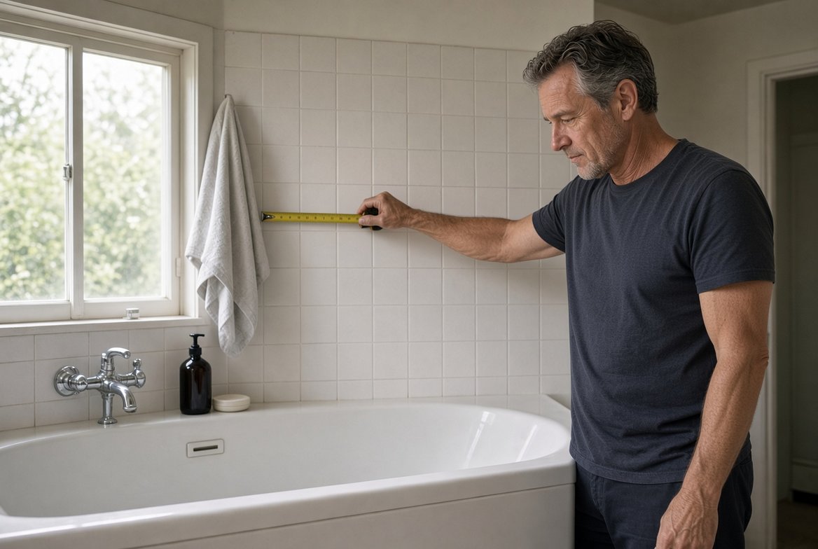 A man in his fifties standing beside an ordinary bathtub, holding a tape measure against the tiled wall above it and thinking