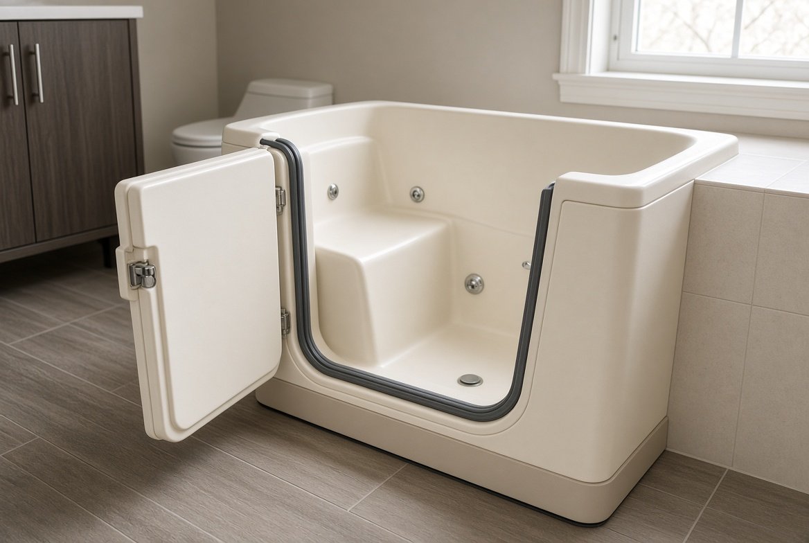 An empty walk-in bathtub with its side door standing open, showing the grey rubber seal around the opening and the built-in seat inside