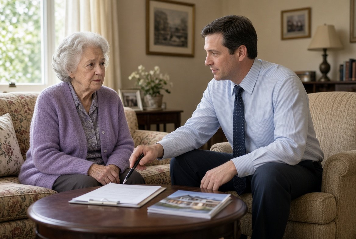 An older woman alone on her sofa while a salesman in a shirt and tie leans toward her from an armchair, pointing a pen at a contract on a clipboard beside a glossy brochure