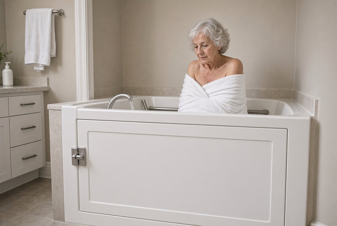 An older woman wrapped in a white towel sitting in a walk-in tub with its door closed, the faucet running and the water not yet reaching her