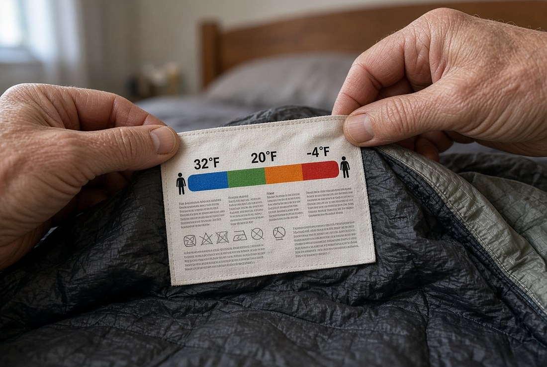 Two older hands holding the sewn-in rating label on the side of a camping sleeping bag flat towards the camera, showing three temperature figures &mdash; 32F, 20F and minus 4F &mdash; above a coloured bar running blue, green, orange and red with a small human figure at each end
