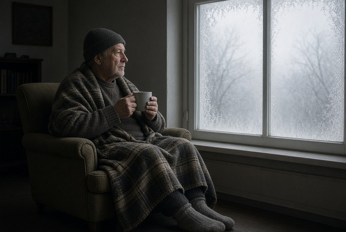 An older man sitting in an armchair in a dim unlit room wearing a knitted hat and wrapped in a heavy wool blanket with thick socks on, holding a mug in both hands, beside a large window covered in heavy frost