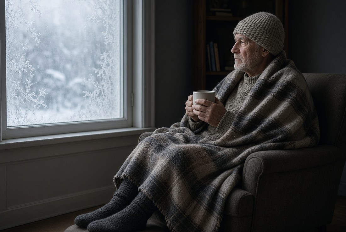 An older man sitting in an armchair in a dim unlit living room wearing a knitted wool hat indoors, wrapped in a heavy plaid blanket with thick socks on, holding a mug in both hands, beside a window thick with frost