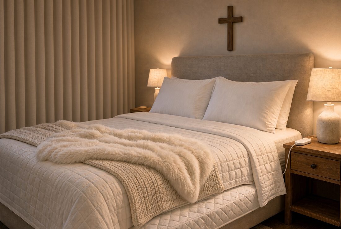 A neatly made bed in warm lamplight with a quilted white coverlet, a knitted blanket and a fur throw layered across the foot, the small white controller of a heated mattress pad resting on the wooden nightstand with its cord running under the covers