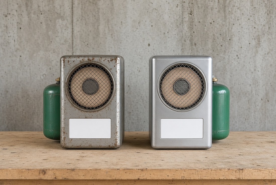 Two small portable radiant propane heaters of the same shape standing side by side on a wooden workbench, each with a green one-pound propane cylinder attached, one scuffed and older and one clean and newer, both with blank white label panels on the front