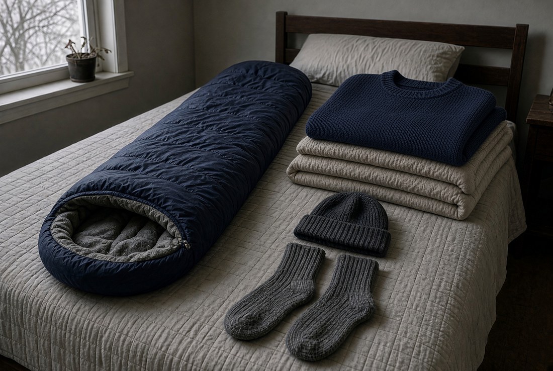 A cold-night kit laid out on a made bed in a winter bedroom: a tapered mummy sleeping bag with its hood open showing the lining, a stack of folded blankets with a heavy wool sweater on top, a ribbed knitted hat and a pair of thick wool socks