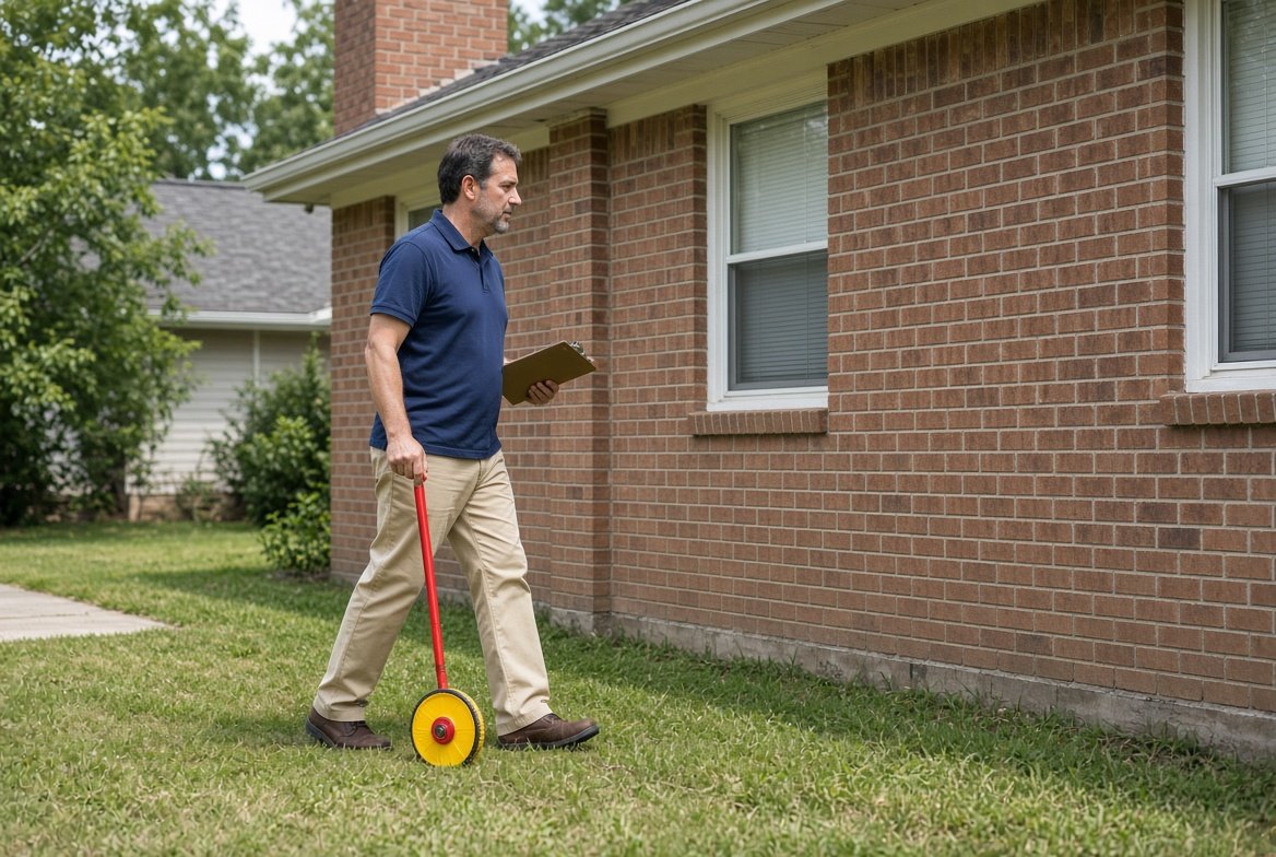 A man in a navy polo shirt and khakis walking along the side of a brick ranch house, pushing a measuring wheel across the lawn with a clipboard in his other hand