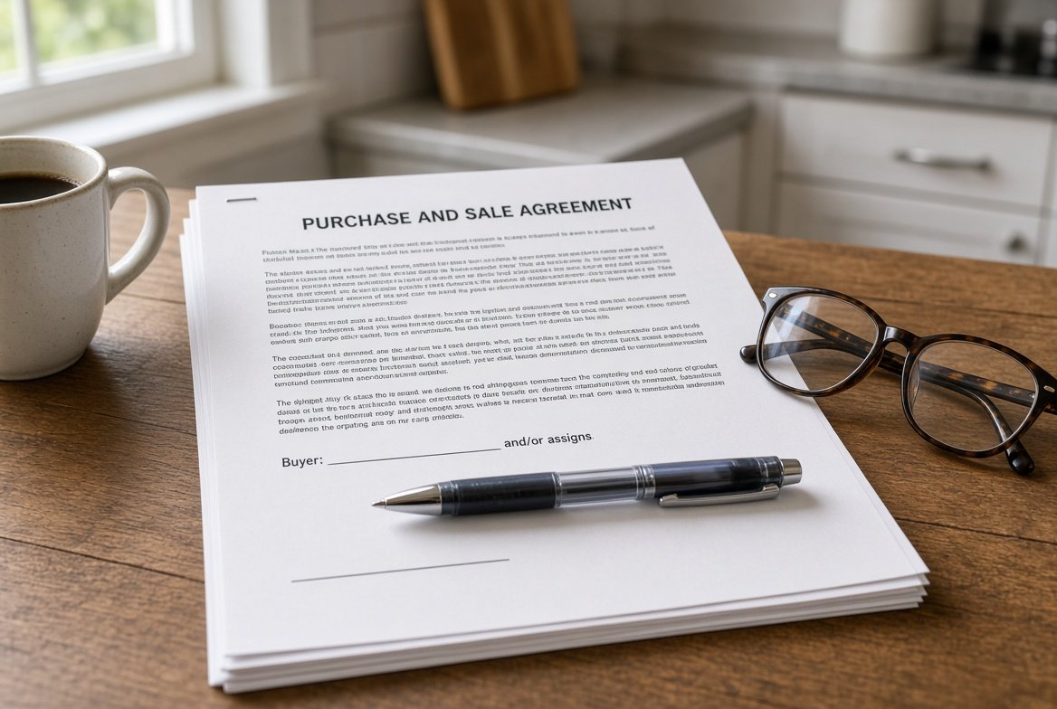 The first page of a stapled contract headed Purchase and Sale Agreement on a wooden kitchen table, with a blank Buyer line followed by the words and/or assigns, a pen laid across the page, reading glasses and a cup of coffee
