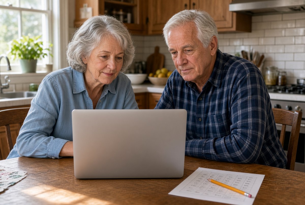 A gray-haired husband and wife sitting side by side at a wooden kitchen table, looking together at an open laptop, with a sheet of figures and a yellow pencil on the table beside it