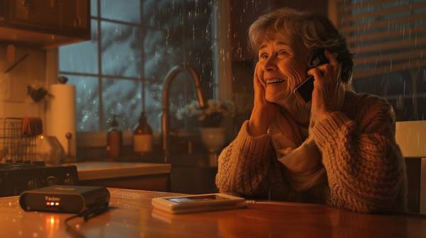 Senior woman smiling on phone call during a storm, router glowing on counter behind her — Wi-Fi Calling over Starlink