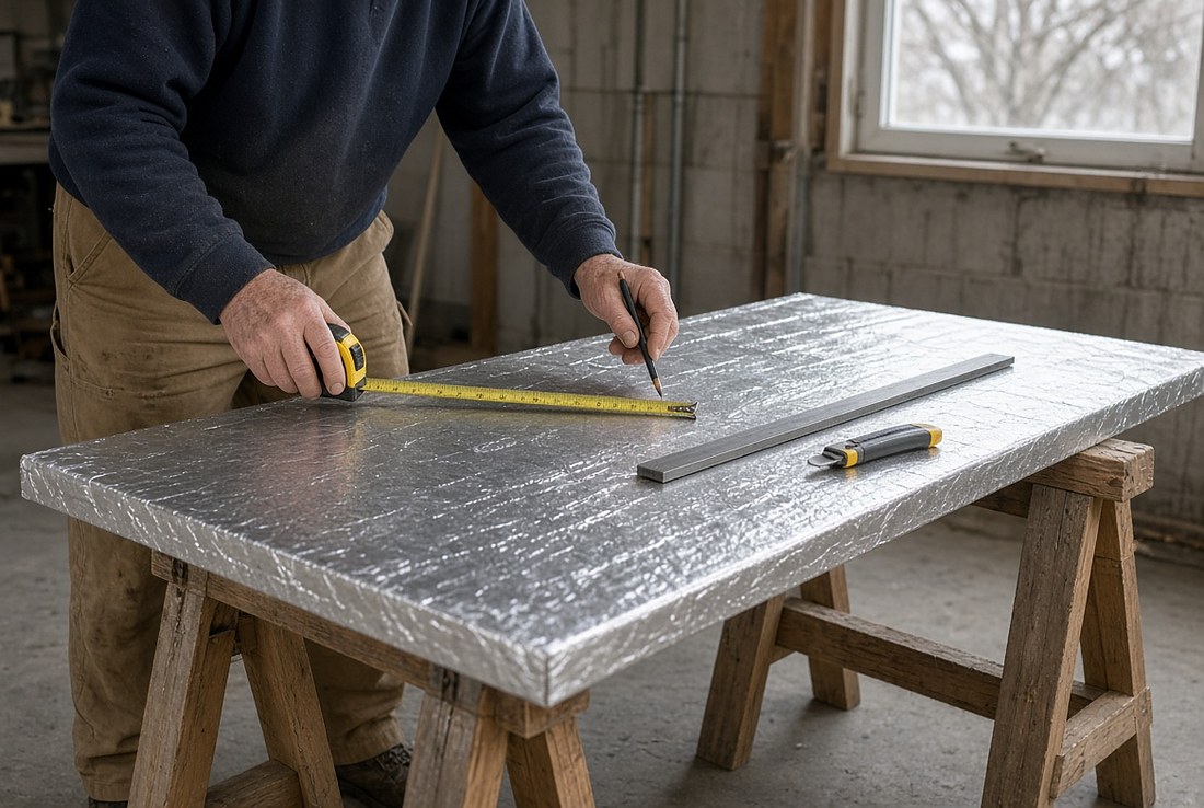 A man measuring a large sheet of foil-faced rigid foam insulation board laid flat across two wooden sawhorses in a garage, tape measure in one hand and pencil in the other, with a straightedge and utility knife resting on the board