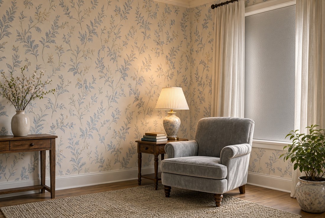 A comfortable living room with patterned wallpaper, an armchair and a side table, with a table lamp switched on in the daytime and a silver foil insulation panel filling the window behind the curtains