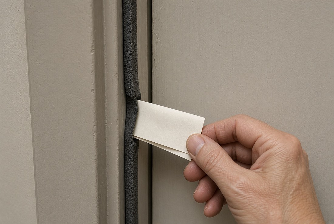 A hand pulling on a folded slip of paper trapped between a closed door and its frame, with a strip of dark foam weatherstripping running down the frame where the paper passes through it