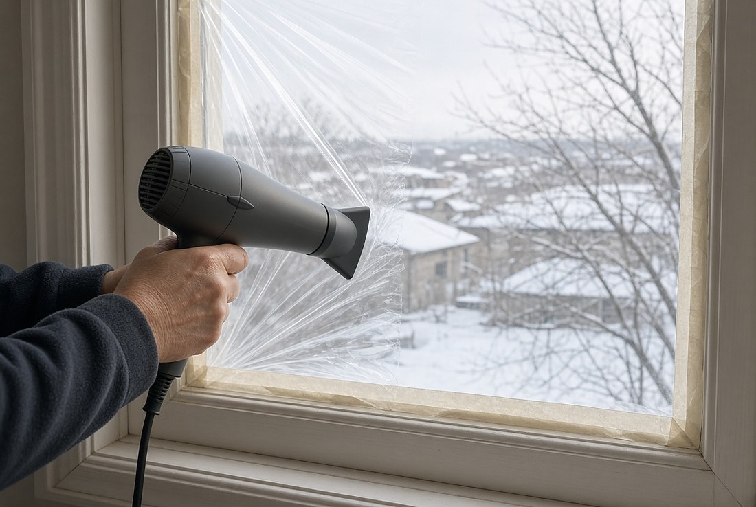 A hand holding a hair dryer shrinking clear plastic window film tight across a window from the inside, part of the sheet still wrinkled and part pulled smooth, snow and bare trees visible through the glass