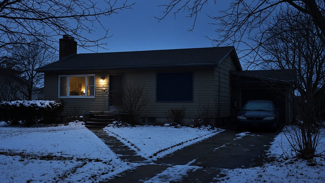 A single-storey house seen from the front yard at dusk in winter, a car in the driveway and the porch light on. One front window glows warmly with the room faintly visible through it; the other is a flat featureless dark rectangle showing nothing at all