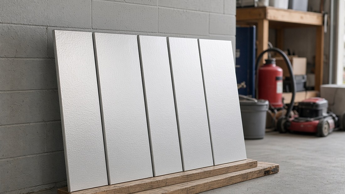 Five cut panels of foil-faced foam insulation board stacked on edge against a garage wall, standing on a length of timber to keep them off the concrete floor