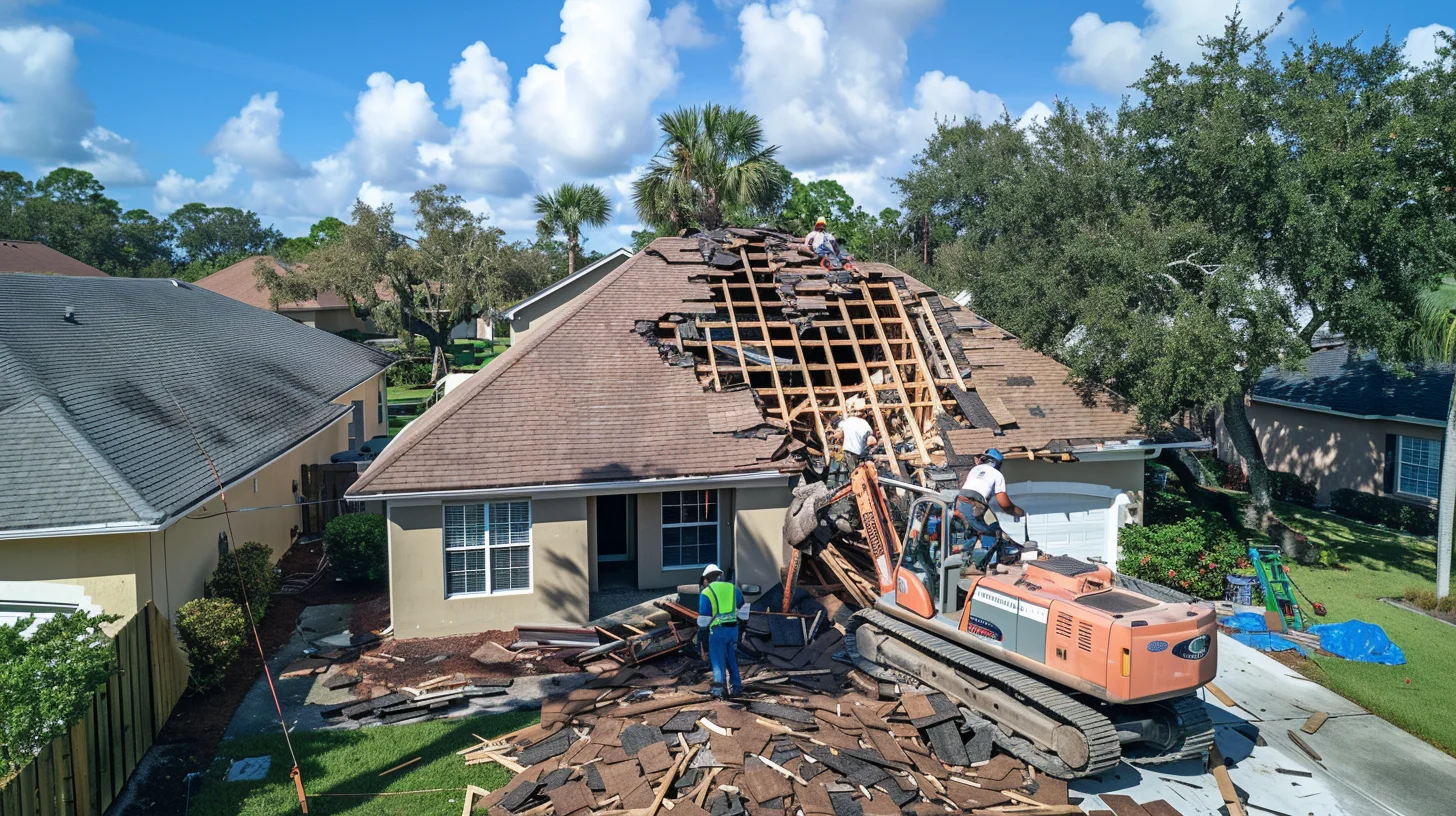 Roofing crew performing tear-off after storm damage